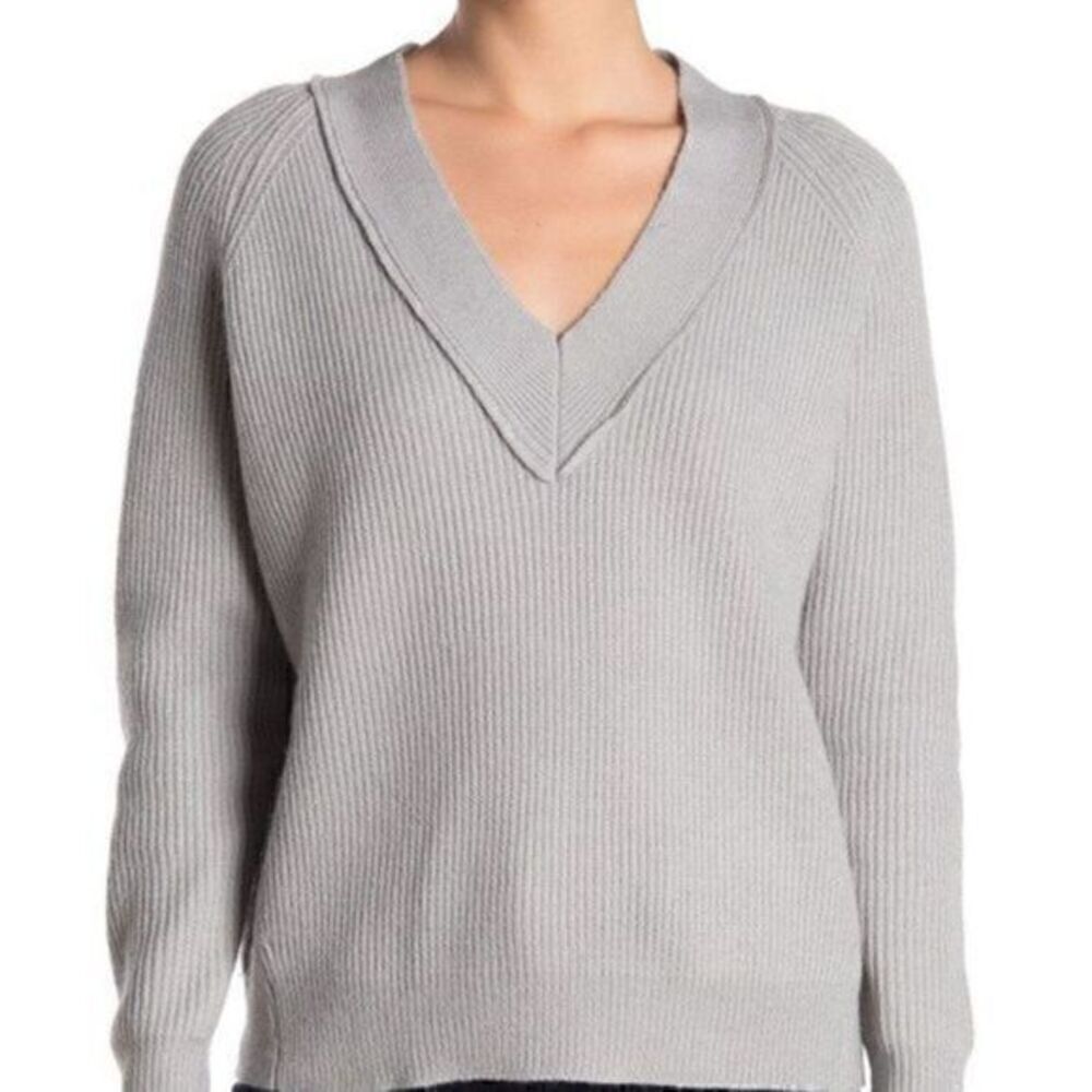 FRNCH Paris Gray Ribbed Knit V Neck Sweater Small Medium NWT